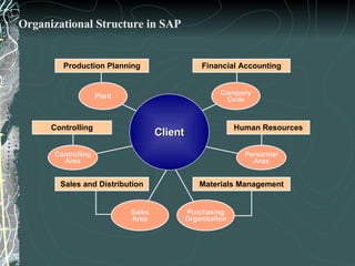 Organizational Structure in SAP Human Resources Controlling Client Company Code Purchasing Organization Personnel Area Production Planning Sales and Distribution Materials Management Financial Accounting Sales Area Controlling Area Plant 