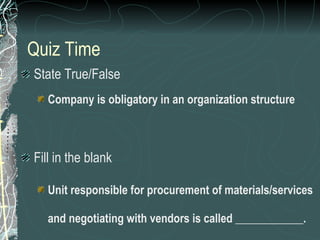 Quiz Time <ul><li>State True/False </li></ul><ul><ul><li>Company is obligatory in an organization structure </li></ul></ul...