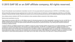 ©  2015 SAP SE or an SAP affiliate company. All rights reserved. 15Internal
© 2015 SAP SE or an SAP affiliate company. All rights reserved.
No part of this publication may be reproduced or transmitted in any form or for any purpose without the express permission of SAP SE or an SAP affiliate company.
SAP and other SAP products and services mentioned herein as well as their respective logos are trademarks or registered trademarks of SAP SE (or an SAP affiliate
company) in Germany and other countries. Please see http://global12.sap.com/corporate-en/legal/copyright/index.epx for additional trademark information and notices.
Some software products marketed by SAP SE and its distributors contain proprietary software components of other software vendors.
National product specifications may vary.
These materials are provided by SAP SE or an SAP affiliate company for informational purposes only, without representation or warranty of any kind, and SAP SE or its
affiliated companies shall not be liable for errors or omissions with respect to the materials. The only warranties for SAP SE or SAP affiliate company products and
services are those that are set forth in the express warranty statements accompanying such products and services, if any. Nothing herein should be construed as
constituting an additional warranty.
In particular, SAP SE or its affiliated companies have no obligation to pursue any course of business outlined in this document or any related presentation, or to develop
or release any functionality mentioned therein. This document, or any related presentation, and SAP SE’s or its affiliated companies’ strategy and possible future
developments, products, and/or platform directions and functionality are all subject to change and may be changed by SAP SE or its affiliated companies at any time
for any reason without notice. The information in this document is not a commitment, promise, or legal obligation to deliver any material, code, or functionality. All forward-
looking statements are subject to various risks and uncertainties that could cause actual results to differ materially from expectations. Readers are cautioned not to place
undue reliance on these forward-looking statements, which speak only as of their dates, and they should not be relied upon in making purchasing decisions.
 