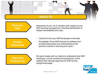 Awareness of your ‘as is’ situation with respect to your
SAP licensing management, including identification of
related vulnerabilities and risks.
Reduced
Risk
Greater
Assurance
Improved
Productivity
• “Control of how your SAP landscape is licensed.
• Knowledge of how SAP licenses its software and
provides awareness and understanding to the
persons involved in licensing end users..”
We work closely with our clients to understand their SAP
landscape, current controls and procedures, and to
address their desired objectives for SAP license
assignment/usage.”
RESULTS
www.auditbots.com 6
 