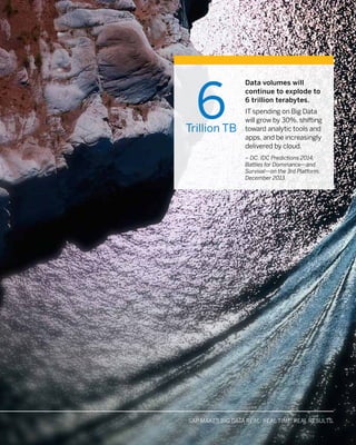 MAKE BIG DATA REAL WITH SAP SOLUTIONS: ACCELERATE. APPLY. ACHIEVESAP MAKES BIG DATA REAL: REAL TIME. REAL RESULTS.
Data volumes will
continue to explode to
6 trillion terabytes.
IT spending on Big Data
will grow by 30%, shifting
toward analytic tools and
apps, and be increasingly
delivered by cloud.
– DC. IDC Predictions 2014:
Battles for Dominance—and
Survival—on the 3rd Platform.
December 2013.
6Trillion TB
 