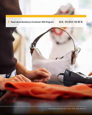 MAKE BIG DATA REAL WITH SAP SOLUTIONS: ACCELERATE. APPLY. ACHIEVESAP MAKES BIG DATA REAL: REAL TIME. REAL RESULTS.
Read about Burberry’s Customer 360 Program.
 