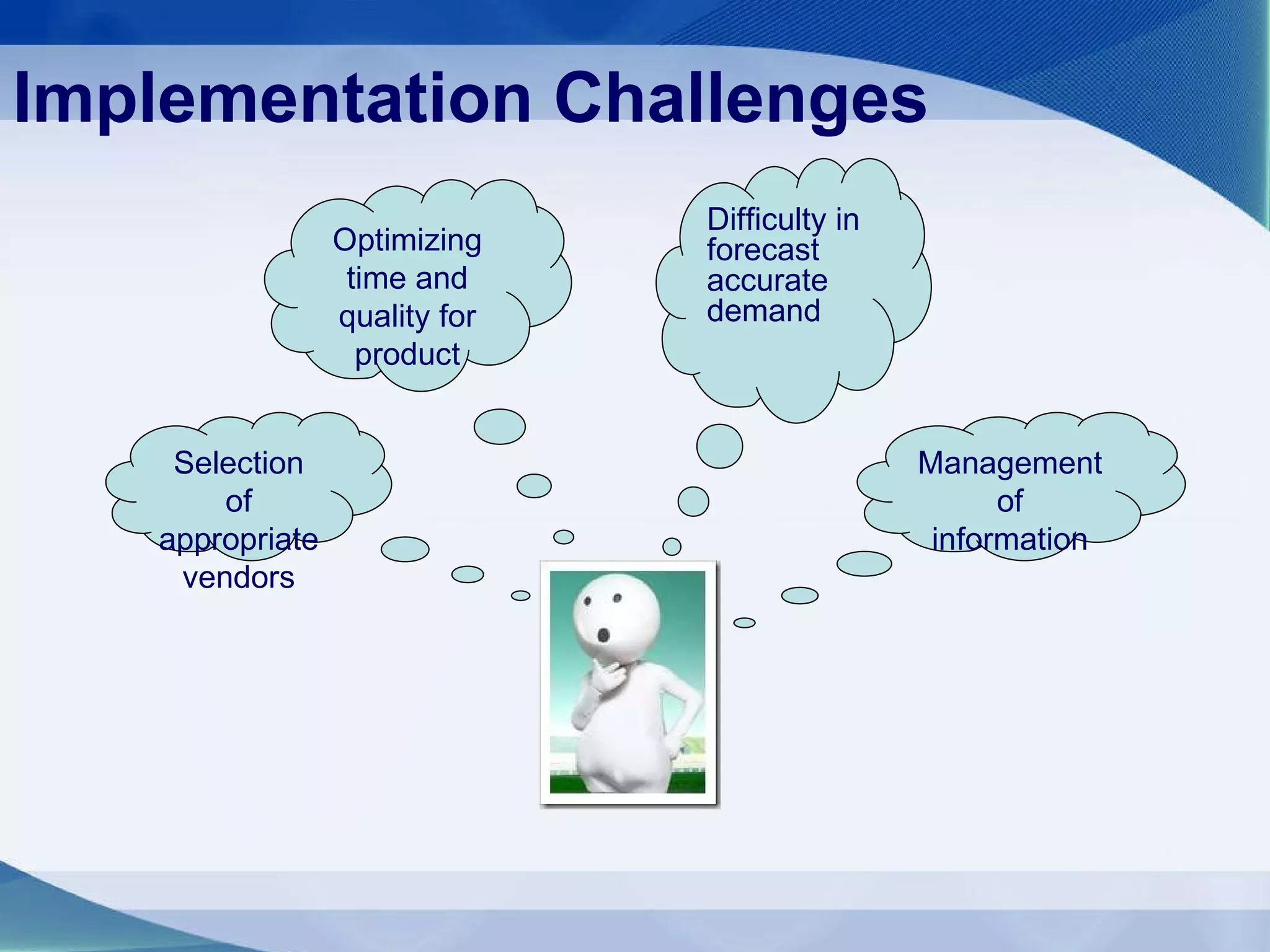 Implementation Challenges Selection of appropriate vendors Management of information Optimizing time and quality for product Difficulty in forecast accurate demand 