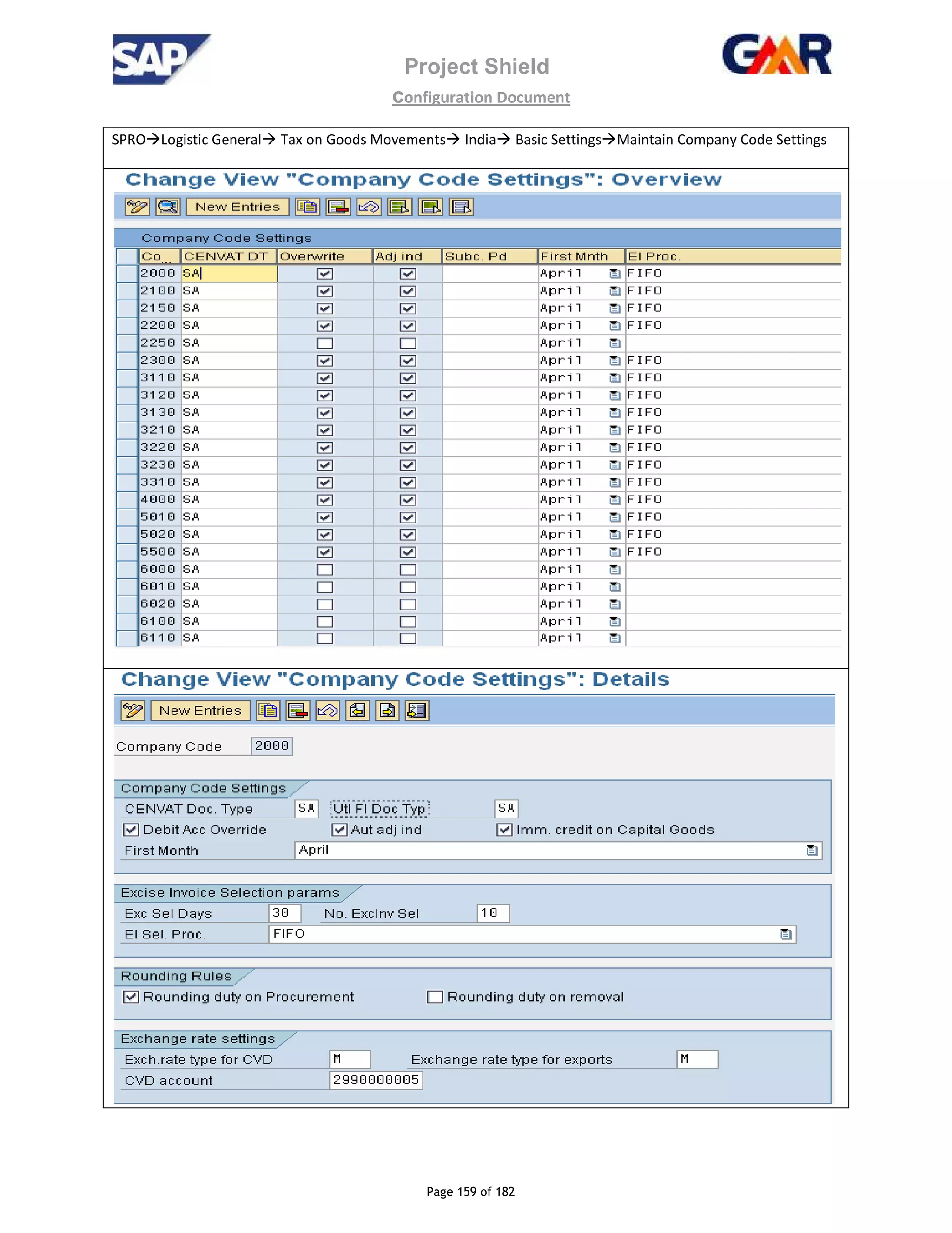 Project Shield
configuration Document
Page 159 of 182
SPRO Logistic General Tax on Goods Movements India Basic Settings Maintain Company Code Settings
 