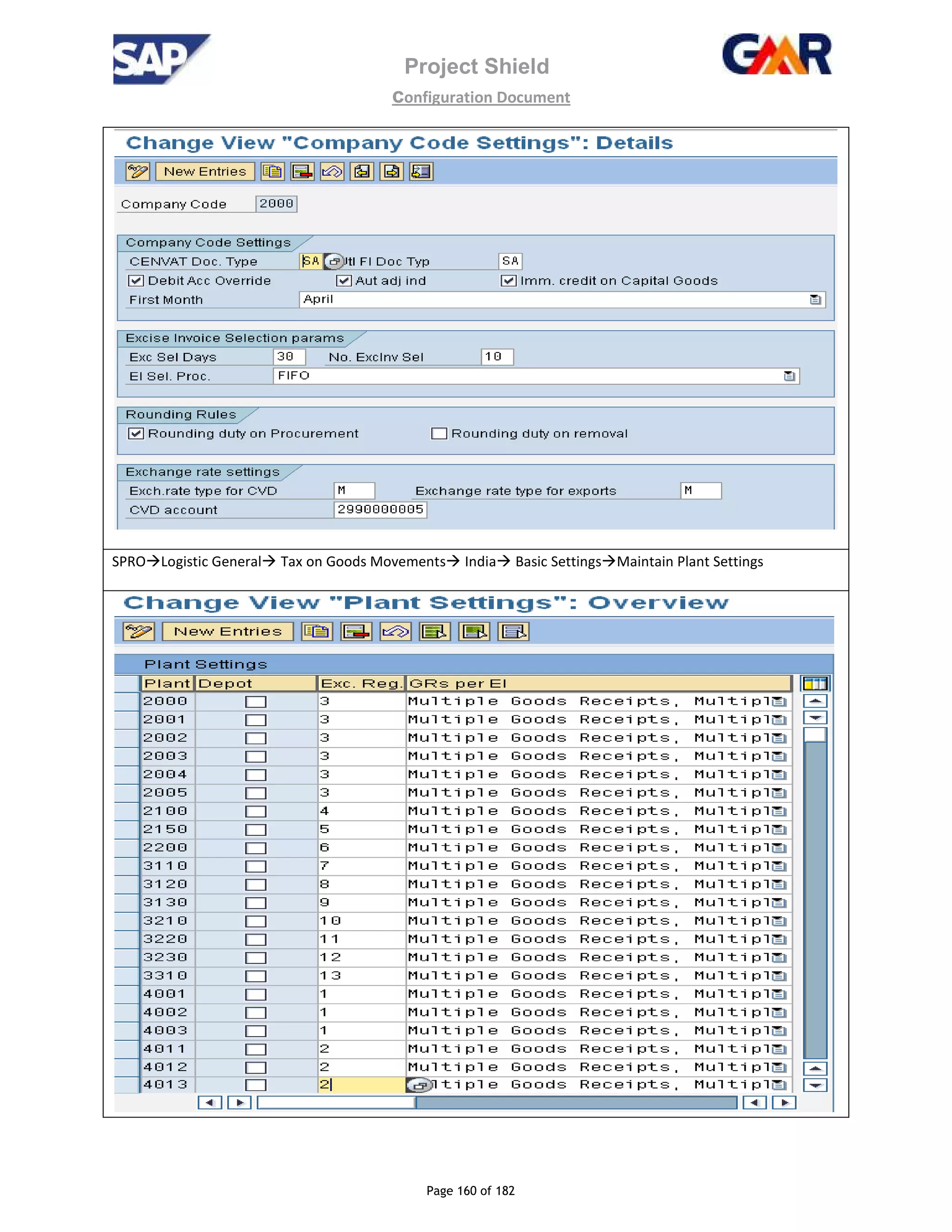Project Shield
configuration Document
Page 160 of 182
SPRO Logistic General Tax on Goods Movements India Basic Settings Maintain Plant Settings
 