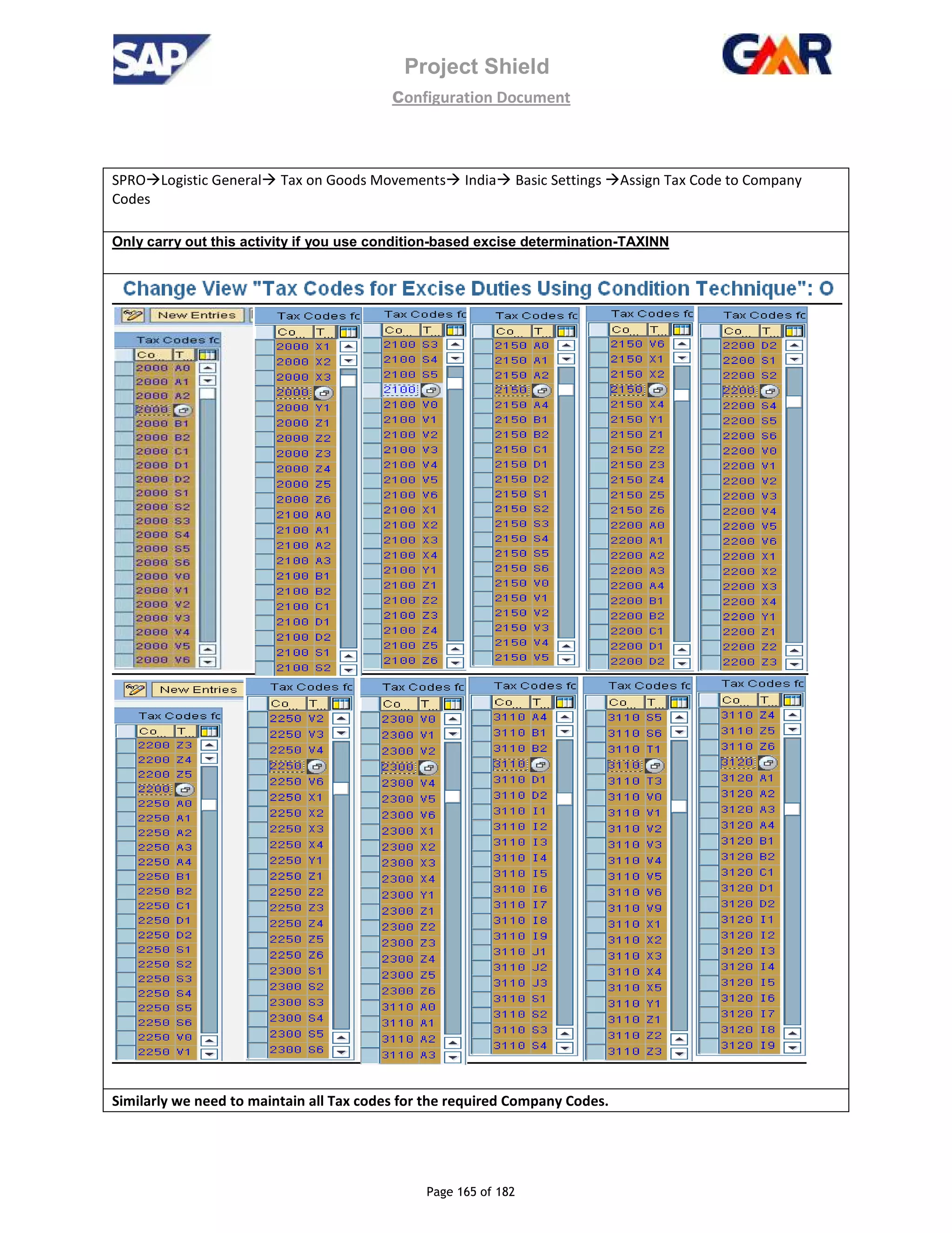 Project Shield
configuration Document
Page 165 of 182
SPRO Logistic General Tax on Goods Movements India Basic Settings Assign Tax Code to Company
Codes
Only carry out this activity if you use condition-based excise determination-TAXINN
Similarly we need to maintain all Tax codes for the required Company Codes.
 