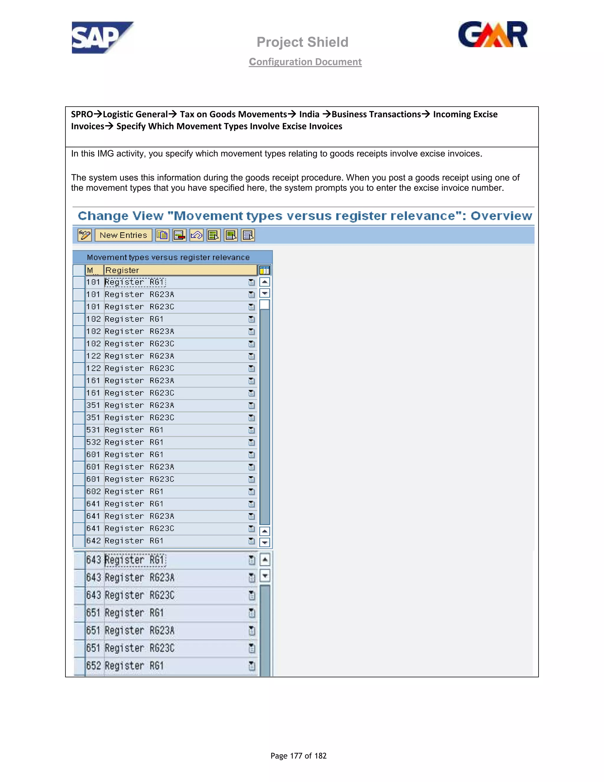 Project Shield
configuration Document
Page 177 of 182
SPRO Logistic General Tax on Goods Movements India Business Transactions Incoming Excise
Invoices Specify Which Movement Types Involve Excise Invoices
In this IMG activity, you specify which movement types relating to goods receipts involve excise invoices.
The system uses this information during the goods receipt procedure. When you post a goods receipt using one of
the movement types that you have specified here, the system prompts you to enter the excise invoice number.
 
