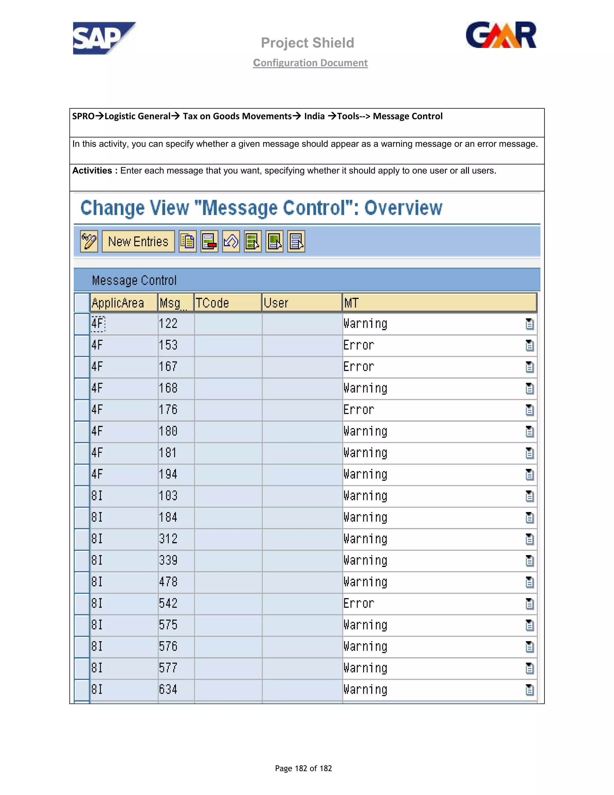 Project Shield
configuration Document
Page 182 of 182
SPRO Logistic General Tax on Goods Movements India Tools--> Message Control
In this activity, you can specify whether a given message should appear as a warning message or an error message.
Activities : Enter each message that you want, specifying whether it should apply to one user or all users.
 