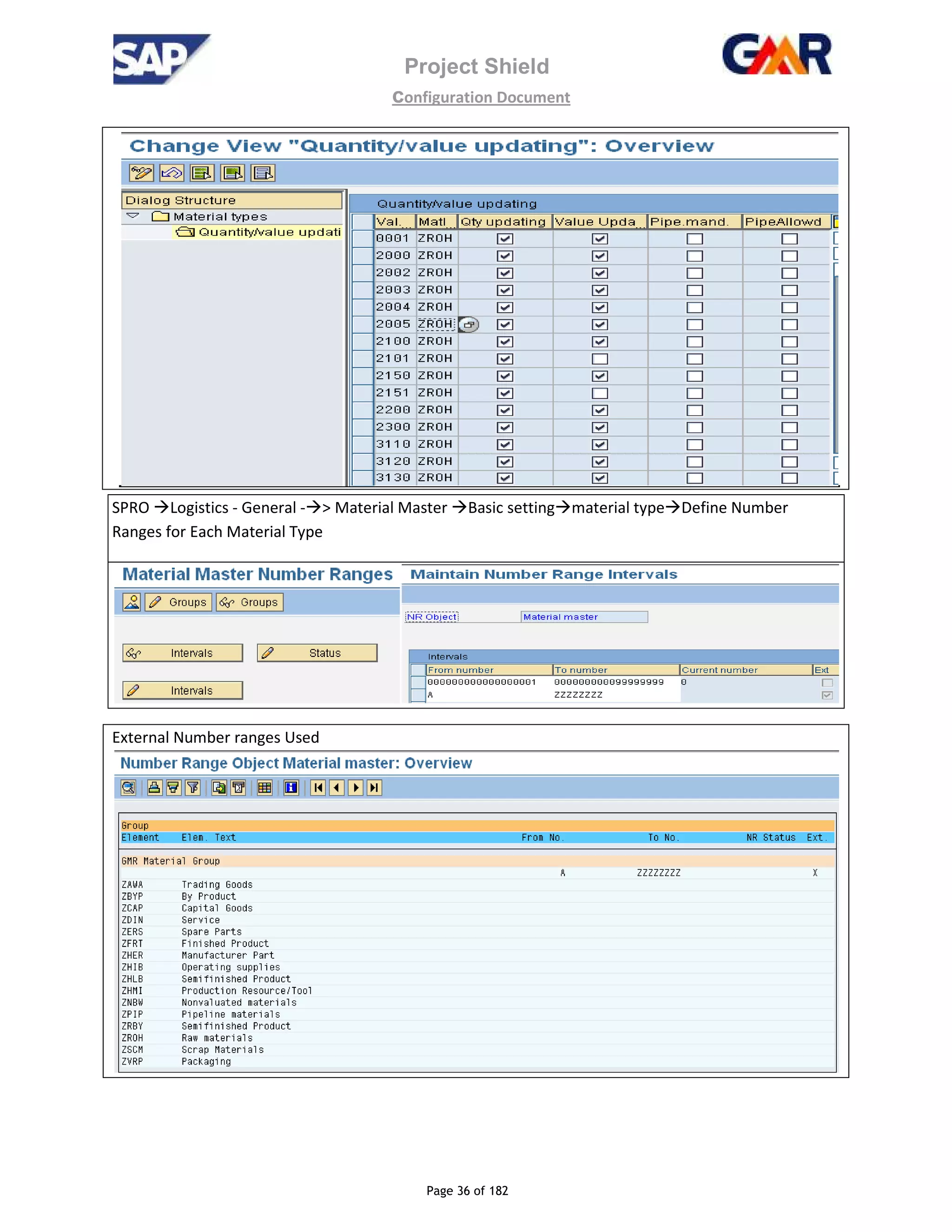 Project Shield
configuration Document
Page 36 of 182
SPRO Logistics - General - > Material Master Basic setting material type Define Number
Ranges for Each Material Type
External Number ranges Used
 