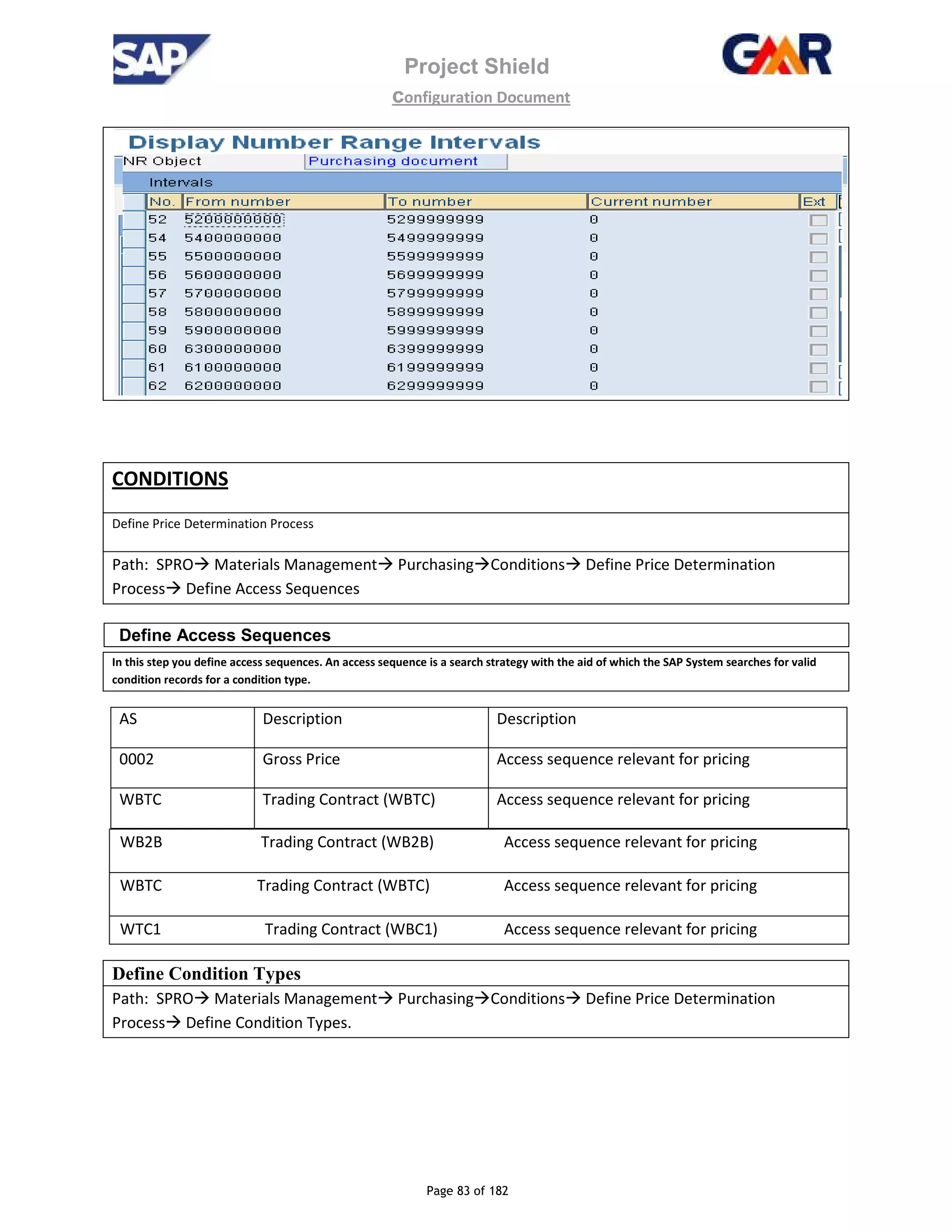 Project Shield
configuration Document
Page 83 of 182
CONDITIONS
Define Price Determination Process
Path: SPRO Materials Management Purchasing Conditions Define Price Determination
Process Define Access Sequences
Define Access Sequences
In this step you define access sequences. An access sequence is a search strategy with the aid of which the SAP System searches for valid
condition records for a condition type.
AS Description Description
0002 Gross Price Access sequence relevant for pricing
WBTC Trading Contract (WBTC) Access sequence relevant for pricing
WB2B Trading Contract (WB2B) Access sequence relevant for pricing
WBTC Trading Contract (WBTC) Access sequence relevant for pricing
WTC1 Trading Contract (WBC1) Access sequence relevant for pricing
Define Condition Types
Path: SPRO Materials Management Purchasing Conditions Define Price Determination
Process Define Condition Types.
 