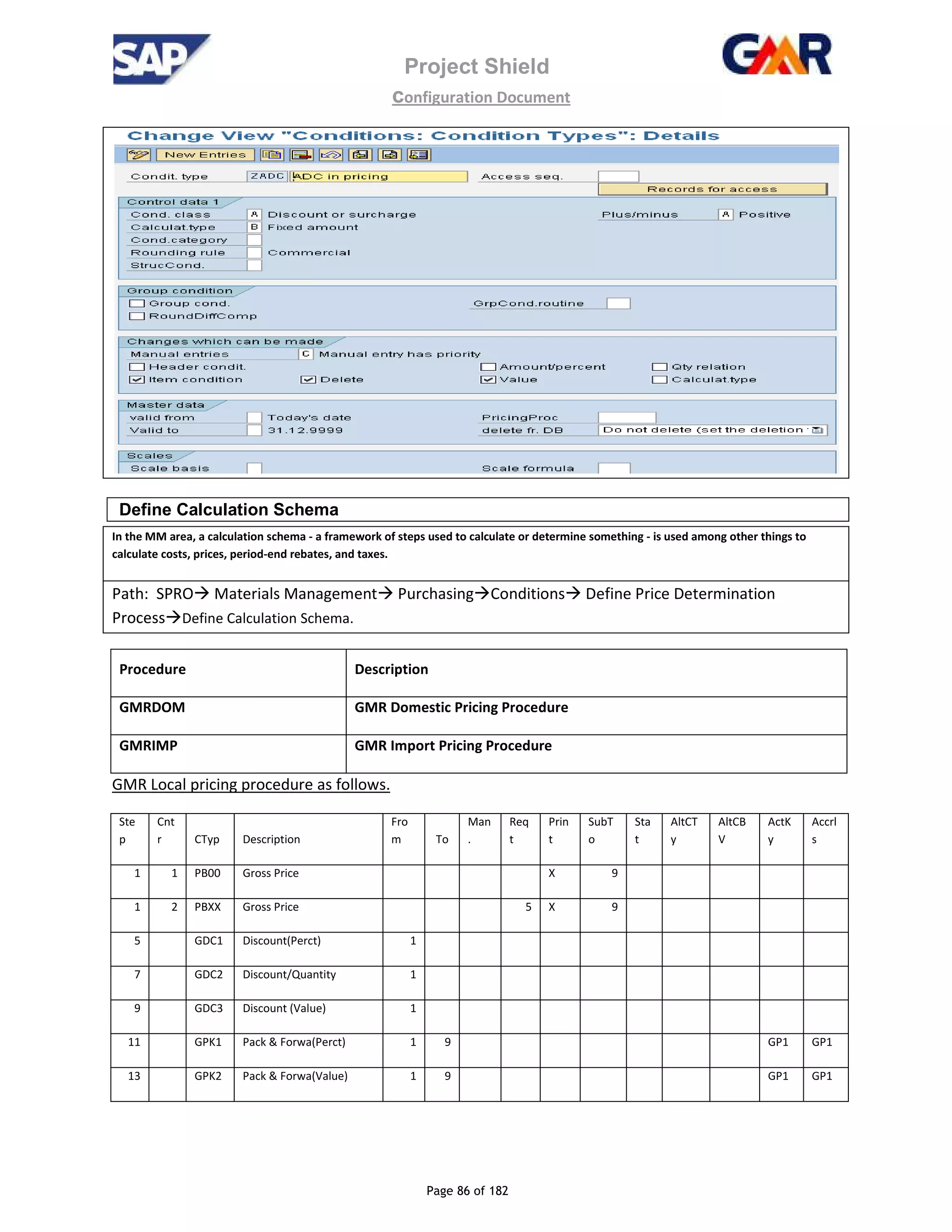 Project Shield
configuration Document
Page 86 of 182
Define Calculation Schema
In the MM area, a calculation schema - a framework of steps used to calculate or determine something - is used among other things to
calculate costs, prices, period-end rebates, and taxes.
Path: SPRO Materials Management Purchasing Conditions Define Price Determination
Process Define Calculation Schema.
Procedure Description
GMRDOM GMR Domestic Pricing Procedure
GMRIMP GMR Import Pricing Procedure
GMR Local pricing procedure as follows.
Ste
p
Cnt
r CTyp Description
Fro
m To
Man
.
Req
t
Prin
t
SubT
o
Sta
t
AltCT
y
AltCB
V
ActK
y
Accrl
s
1 1 PB00 Gross Price X 9
1 2 PBXX Gross Price 5 X 9
5 GDC1 Discount(Perct) 1
7 GDC2 Discount/Quantity 1
9 GDC3 Discount (Value) 1
11 GPK1 Pack & Forwa(Perct) 1 9 GP1 GP1
13 GPK2 Pack & Forwa(Value) 1 9 GP1 GP1
 