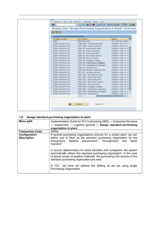 1.8 Assign standard purchasing organization to plant
Menu path Implementation Guide for R/3 Customizing (IMG) → Enterprise Structure
→ Assignment → Logistics general → Assign standard purchasing
organization to plant
Transaction Code SPRO
Configuration
Description
If several purchasing organisations procure for a certain plant, we can
define one of them as the standard purchasing organization for the
transactions "pipeline procurement", "consigmnent" and "stock
transfers".
In source determination for stock transfers and consignent, the system
automatically utilizes this standard purchasing organization. In the case
of goods issues of pipeline materials, the purchasing info records of the
standard purchasing organization are read.
In ITZ, we have not defined this Setting as we are using single
Purchasing Organisation
 