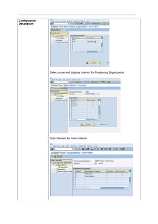 Configuration
Description
Select a row and displays criterion for Purchasing Organization
Sub criterions for main criterion
 