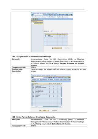 1.62 Assign Partner Schemas to Account Groups
Menu path Implementation Guide for R/3 Customizing (IMG) → Materials
Management  Purchasing Partner Determination  Partner settings
in Vendor Master records Assign Partner Schemas to account
groups
Transaction Code SPRO
Configuration
Description
Here we assign the already defined schema groups to vendor account
groups
1.63 Define Partner Schemas (Purchasing Documents)
Menu path Implementation Guide for R/3 Customizing (IMG) → Materials
Management  Purchasing Partner Determination  Partner settings
in Purchasing documents Define Partner Schemas
Transaction Code SPRO
 