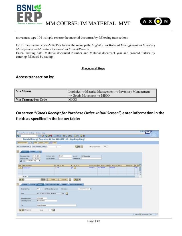 vendor in sap confirmation tcode im manual movements mm Sap goods user