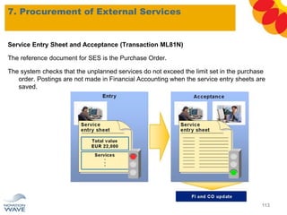 Service Entry Sheet and Acceptance (Transaction ML81N)
The reference document for SES is the Purchase Order.
The system checks that the unplanned services do not exceed the limit set in the purchase
order. Postings are not made in Financial Accounting when the service entry sheets are
saved.
7. Procurement of External Services
113
 