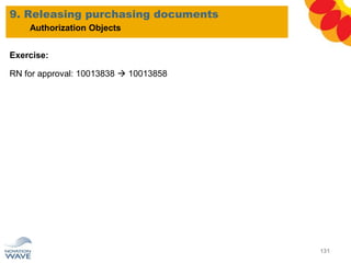9. Releasing purchasing documents
131
Authorization Objects
Exercise:
RN for approval: 10013838  10013858
 