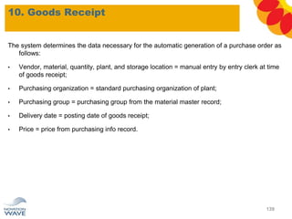 10. Goods Receipt
139
The system determines the data necessary for the automatic generation of a purchase order as
follows:
• Vendor, material, quantity, plant, and storage location = manual entry by entry clerk at time
of goods receipt;
• Purchasing organization = standard purchasing organization of plant;
• Purchasing group = purchasing group from the material master record;
• Delivery date = posting date of goods receipt;
• Price = price from purchasing info record.
 