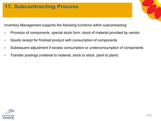 17. Subcontracting Process
210
Inventory Management supports the following functions within subcontracting:
• Provision of components, special stock form: stock of material provided by vendor
• Goods receipt for finished product with consumption of components
• Subsequent adjustment if excess consumption or underconsumption of components
• Transfer postings (material to material, stock to stock, plant to plant)
 