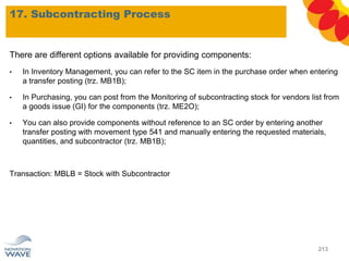 17. Subcontracting Process
213
There are different options available for providing components:
• In Inventory Management, you can refer to the SC item in the purchase order when entering
a transfer posting (trz. MB1B);
• In Purchasing, you can post from the Monitoring of subcontracting stock for vendors list from
a goods issue (GI) for the components (trz. ME2O);
• You can also provide components without reference to an SC order by entering another
transfer posting with movement type 541 and manually entering the requested materials,
quantities, and subcontractor (trz. MB1B);
Transaction: MBLB = Stock with Subcontractor
 