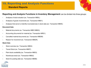 Reporting and Analysis Functions in Inventory Management can be divided into three groups:
• Analyses of stock situation (ex. Transaction MB5L)
• Analyses of goods movements (ex. Transaction MB51)
• Analyses that serve to indentify inconsistencies in stock data (ex. Transaction MB5K)
Document lists:
• Material documents (ex. Transaction MB51/MB03)
• Accounting documents for material (ex. Transaction MR51)
• Cancelled material documents (ex. Transaction MBSM)
• Reason for movement (ex. Transaction MBGR)
Stock lists:
• Stock overview (ex. Transaction MB52)
• Transit Stock (ex. Transaction MB5T)
• Plant stock availability (ex. Transaction MB53)
• Warehouse stock (ex. Transaction MB52)
• Stock for posting date (ex. Transaction MB5B)
19. Reporting and Analysis Functions
234
Standard Reports
 