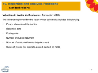 Valuations in Invoice Verification (ex. Transaction MIR5)
The information provided by the list of invoice documents includes the following:
• Person who entered the invoice
• Document date
• Posting date
• Number of invoice document
• Number of associated accounting document
• Status of invoice (for example, posted, parked, on hold)
19. Reporting and Analysis Functions
235
Standard Reports
 