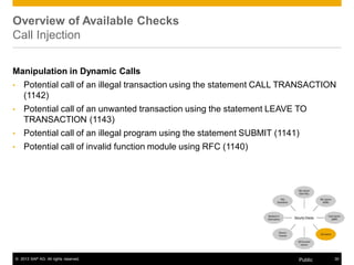 Overview of Available Checks 
Call Injection 
Manipulation in Dynamic Calls 
• Potential call of an illegal transaction using the statement CALL TRANSACTION 
(1142) 
• Potential call of an unwanted transaction using the statement LEAVE TO 
TRANSACTION (1143) 
• Potential call of an illegal program using the statement SUBMIT (1141) 
• Potential call of invalid function module using RFC (1140) 
© 2013 SAP AG. All rights reserved. Public 30 
 