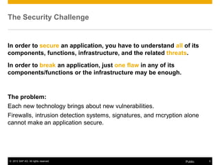 The Security Challenge 
In order to secure an application, you have to understand all of its 
components, functions, infrastructure, and the related threats. 
In order to break an application, just one flaw in any of its 
components/functions or the infrastructure may be enough. 
The problem: 
Each new technology brings about new vulnerabilities. 
Firewalls, intrusion detection systems, signatures, and rncryption alone 
cannot make an application secure. 
© 2013 SAP AG. All rights reserved. Public 5 
 