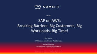 © 2018, Amazon Web Services, Inc. or its affiliates. All rights reserved.
Carl Bachor
SAP Sales Leader, Amazon Web Services
Michael MacLeod
Cloud Services Engineer, Ingram Micro
ENT202
SAP on AWS:
Breaking Barriers: Big Customers, Big
Workloads, Big Time!
 
