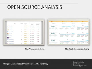 By Mark R. Hinkle
@mrhinkle
mrhinkle@gmail.com
Things I Learned about Open Source…The Hard Way
OPEN SOURCE ANALYSIS
http://www.openhub.net http://activity.openstack.org
 