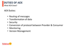 DUTIES OF AEX
What AEX Does?
AEX Duties:
• Routing of messages
• Transformation of data
• Security
• Conversion of protocol between Provider & Consumer
• Monitoring
• Version Management
 