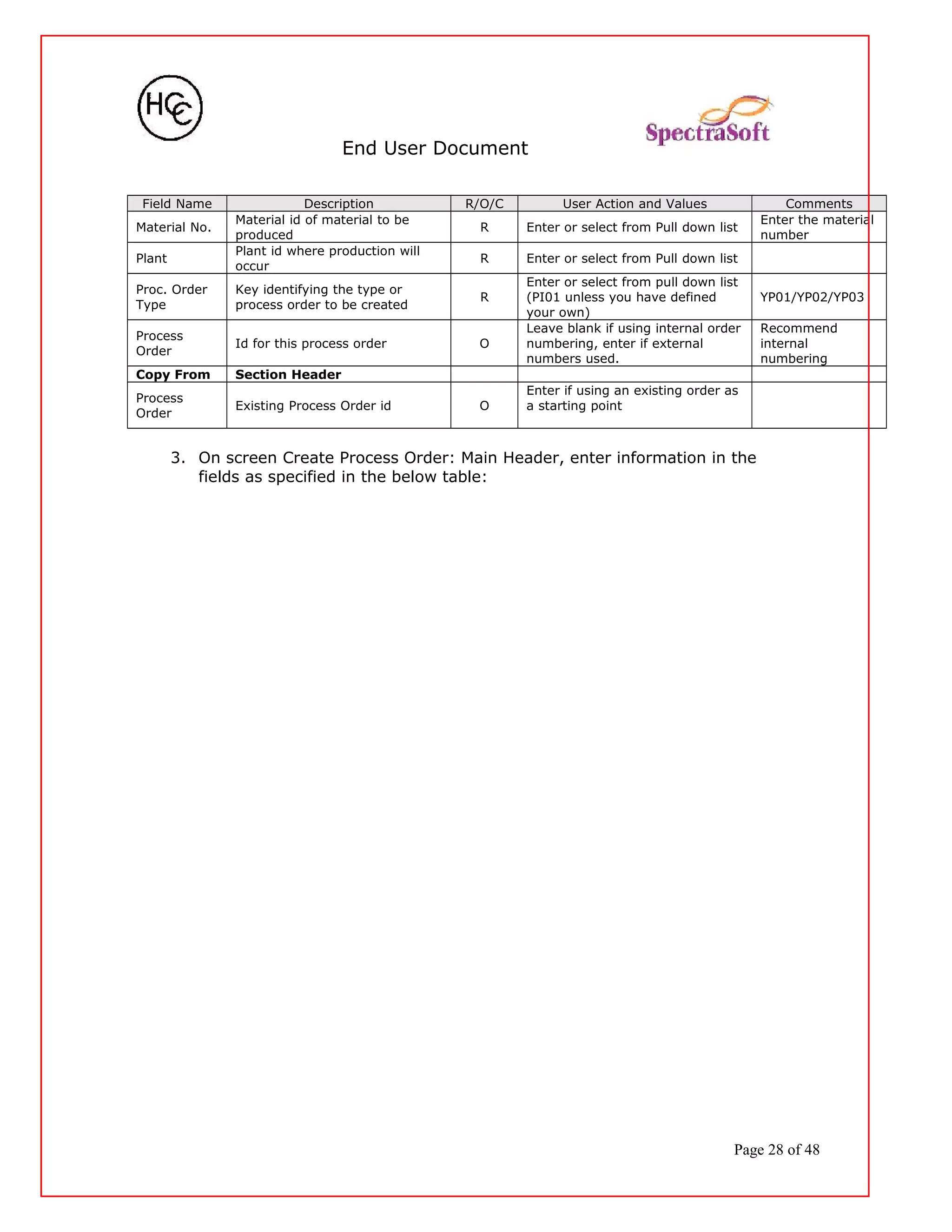 End User Document
Field Name Description R/O/C User Action and Values Comments
Material No.
Material id of material to be
produced
R Enter or select from Pull down list
Enter the material
number
Plant
Plant id where production will
occur
R Enter or select from Pull down list
Proc. Order
Type
Key identifying the type or
process order to be created
R
Enter or select from pull down list
(PI01 unless you have defined
your own)
YP01/YP02/YP03
Process
Order
Id for this process order O
Leave blank if using internal order
numbering, enter if external
numbers used.
Recommend
internal
numbering
Copy From Section Header
Process
Order
Existing Process Order id O
Enter if using an existing order as
a starting point
3. On screen Create Process Order: Main Header, enter information in the
fields as specified in the below table:
Page 28 of 48
 