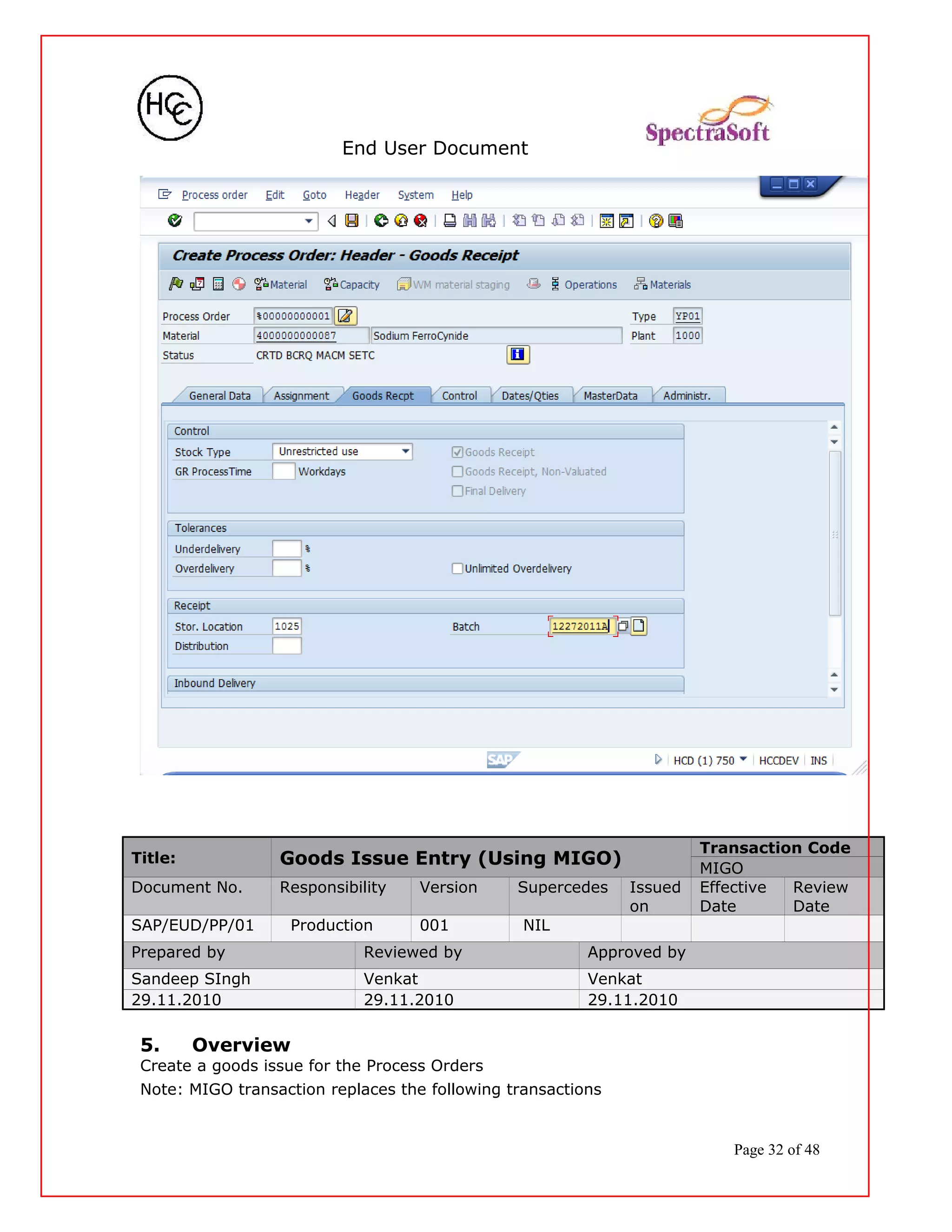 End User Document
Title: Goods Issue Entry (Using MIGO)
Transaction Code
MIGO
Document No. Responsibility Version Supercedes Issued
on
Effective
Date
Review
Date
SAP/EUD/PP/01 Production 001 NIL
Prepared by Reviewed by Approved by
Sandeep SIngh Venkat Venkat
29.11.2010 29.11.2010 29.11.2010
5. Overview
Create a goods issue for the Process Orders
Note: MIGO transaction replaces the following transactions
Page 32 of 48
 