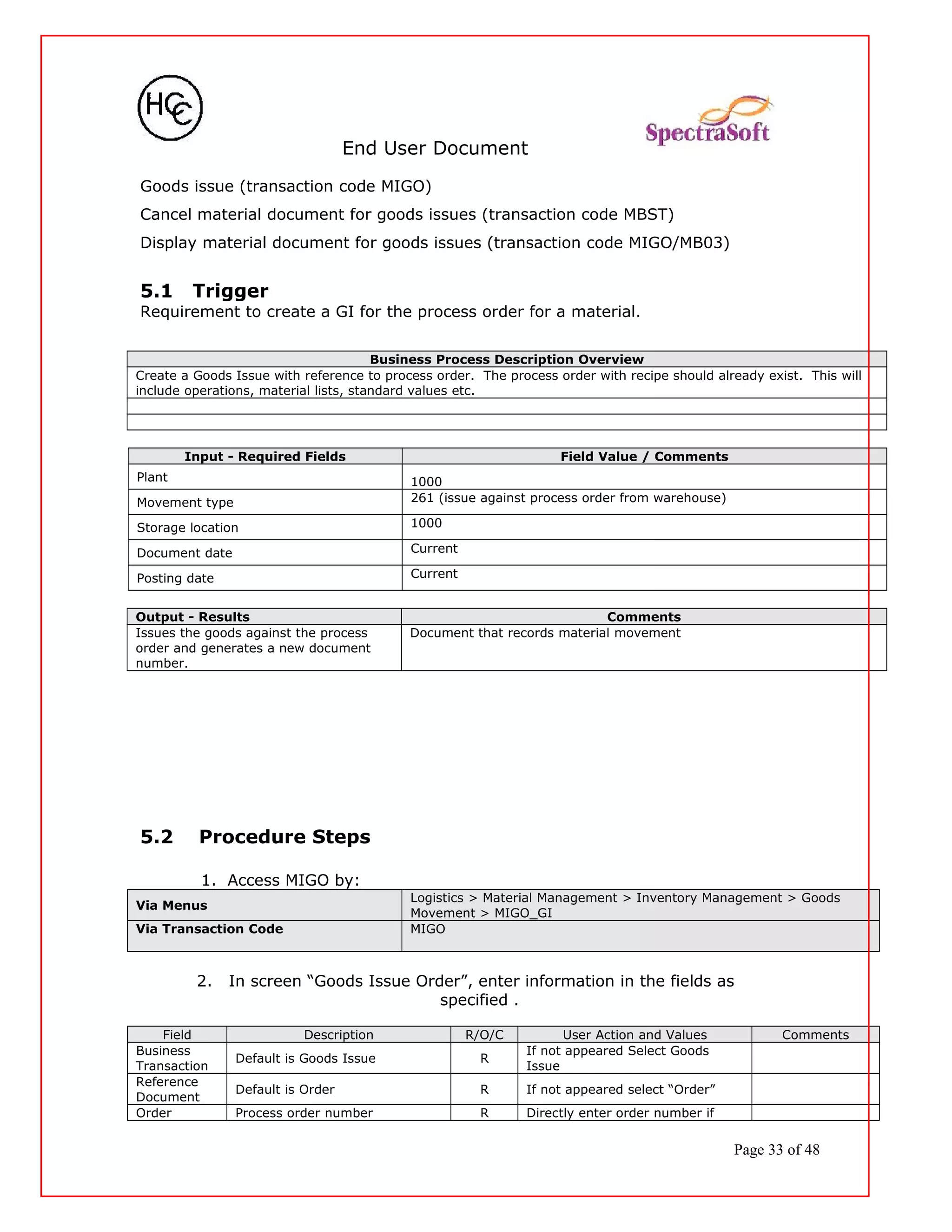 End User Document
Goods issue (transaction code MIGO)
Cancel material document for goods issues (transaction code MBST)
Display material document for goods issues (transaction code MIGO/MB03)
5.1 Trigger
Requirement to create a GI for the process order for a material.
Business Process Description Overview
Create a Goods Issue with reference to process order. The process order with recipe should already exist. This will
include operations, material lists, standard values etc.
Input - Required Fields Field Value / Comments
Plant 1000
Movement type 261 (issue against process order from warehouse)
Storage location 1000
Document date Current
Posting date Current
Output - Results Comments
Issues the goods against the process
order and generates a new document
number.
Document that records material movement
5.2 Procedure Steps
1. Access MIGO by:
Via Menus
Logistics > Material Management > Inventory Management > Goods
Movement > MIGO_GI
Via Transaction Code MIGO
2. In screen “Goods Issue Order”, enter information in the fields as
specified .
Field Description R/O/C User Action and Values Comments
Business
Transaction
Default is Goods Issue R
If not appeared Select Goods
Issue
Reference
Document
Default is Order R If not appeared select “Order”
Order Process order number R Directly enter order number if
Page 33 of 48
 