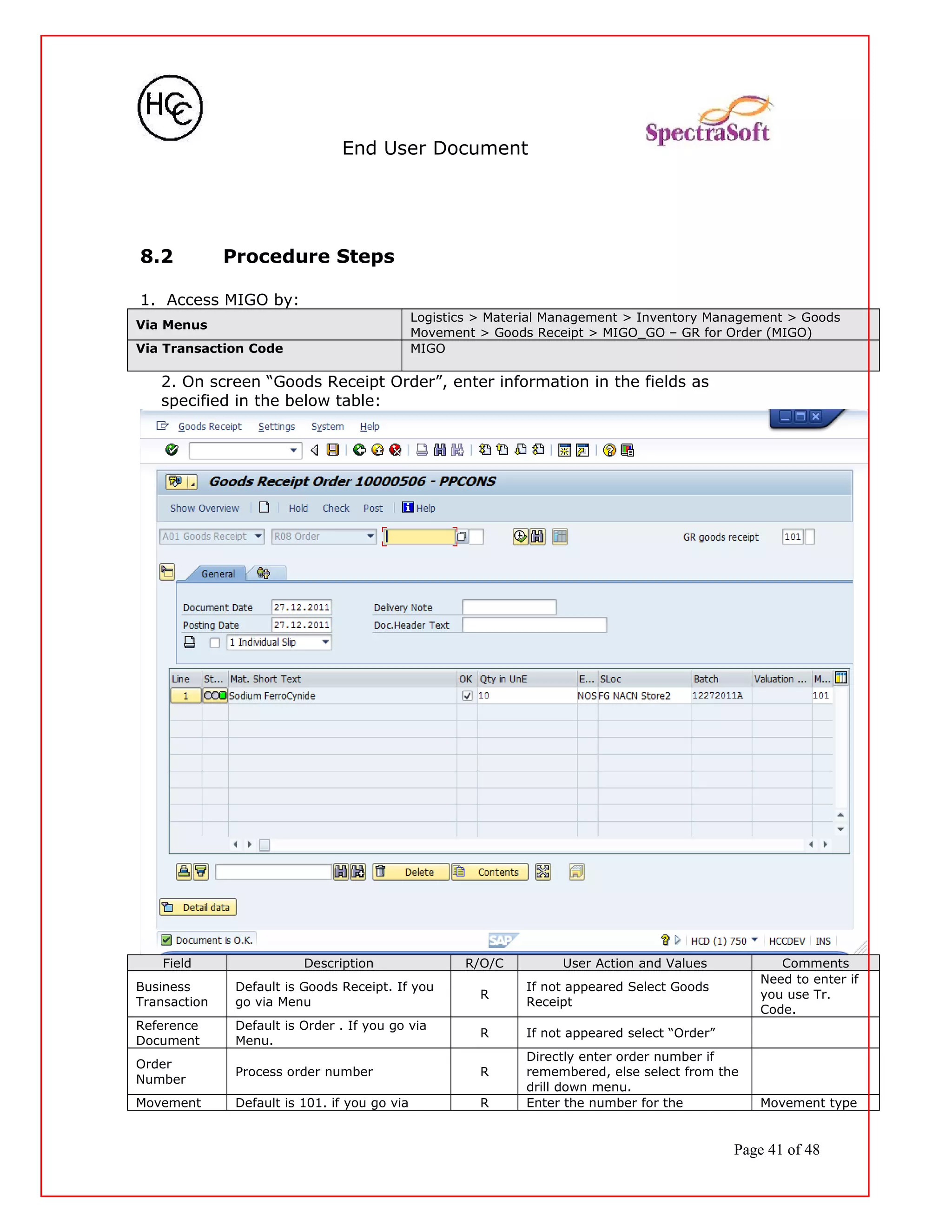 End User Document
8.2 Procedure Steps
1. Access MIGO by:
Via Menus
Logistics > Material Management > Inventory Management > Goods
Movement > Goods Receipt > MIGO_GO – GR for Order (MIGO)
Via Transaction Code MIGO
2. On screen “Goods Receipt Order”, enter information in the fields as
specified in the below table:
Field Description R/O/C User Action and Values Comments
Business
Transaction
Default is Goods Receipt. If you
go via Menu
R
If not appeared Select Goods
Receipt
Need to enter if
you use Tr.
Code.
Reference
Document
Default is Order . If you go via
Menu.
R If not appeared select “Order”
Order
Number
Process order number R
Directly enter order number if
remembered, else select from the
drill down menu.
Movement Default is 101. if you go via R Enter the number for the Movement type
Page 41 of 48
 
