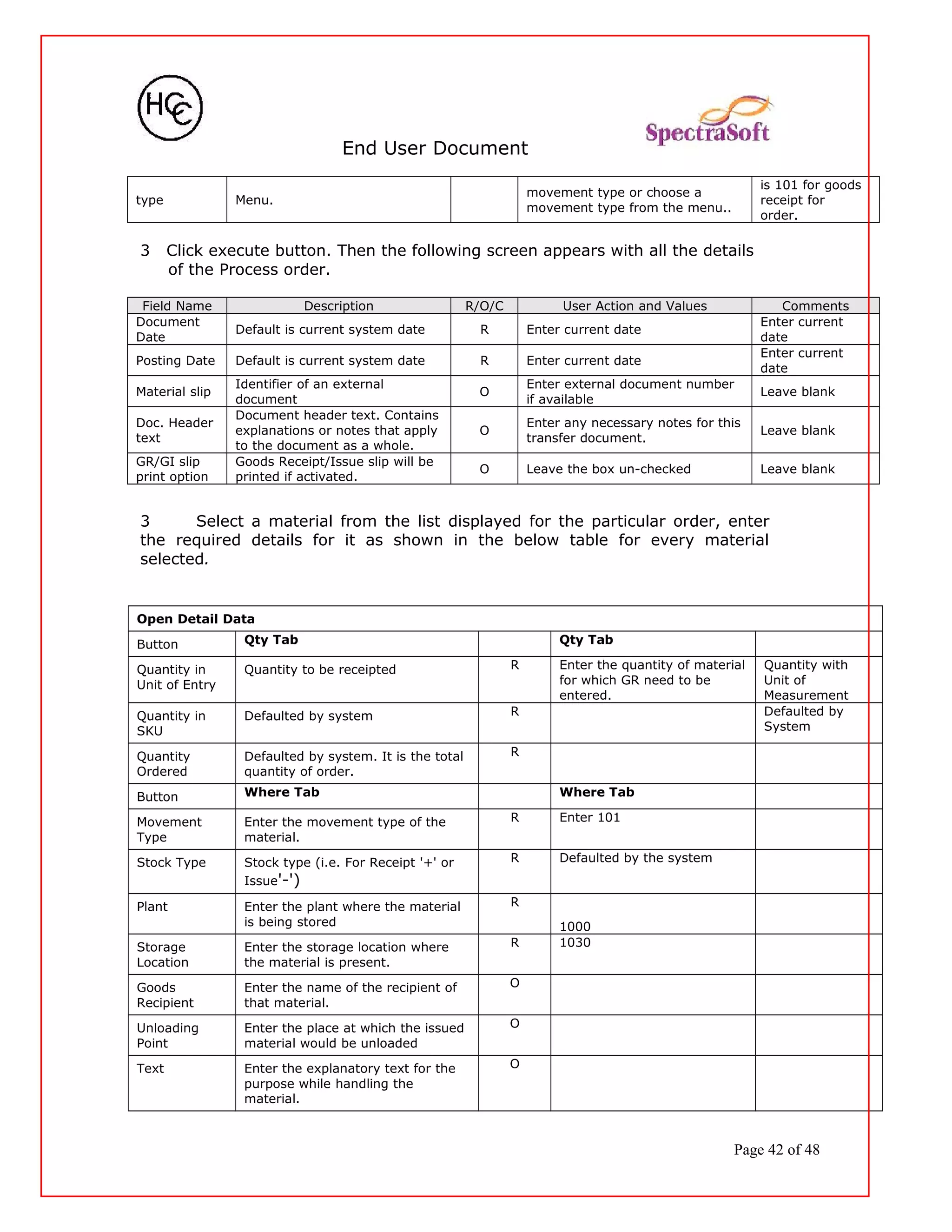 End User Document
type Menu.
movement type or choose a
movement type from the menu..
is 101 for goods
receipt for
order.
3 Click execute button. Then the following screen appears with all the details
of the Process order.
Field Name Description R/O/C User Action and Values Comments
Document
Date
Default is current system date R Enter current date
Enter current
date
Posting Date Default is current system date R Enter current date
Enter current
date
Material slip
Identifier of an external
document
O
Enter external document number
if available
Leave blank
Doc. Header
text
Document header text. Contains
explanations or notes that apply
to the document as a whole.
O
Enter any necessary notes for this
transfer document.
Leave blank
GR/GI slip
print option
Goods Receipt/Issue slip will be
printed if activated.
O Leave the box un-checked Leave blank
3 Select a material from the list displayed for the particular order, enter
the required details for it as shown in the below table for every material
selected.
Open Detail Data
Button Qty Tab Qty Tab
Quantity in
Unit of Entry
Quantity to be receipted R Enter the quantity of material
for which GR need to be
entered.
Quantity with
Unit of
Measurement
Quantity in
SKU
Defaulted by system R Defaulted by
System
Quantity
Ordered
Defaulted by system. It is the total
quantity of order.
R
Button Where Tab Where Tab
Movement
Type
Enter the movement type of the
material.
R Enter 101
Stock Type Stock type (i.e. For Receipt '+' or
Issue'-')
R Defaulted by the system
Plant Enter the plant where the material
is being stored
R
1000
Storage
Location
Enter the storage location where
the material is present.
R 1030
Goods
Recipient
Enter the name of the recipient of
that material.
O
Unloading
Point
Enter the place at which the issued
material would be unloaded
O
Text Enter the explanatory text for the
purpose while handling the
material.
O
Page 42 of 48
 