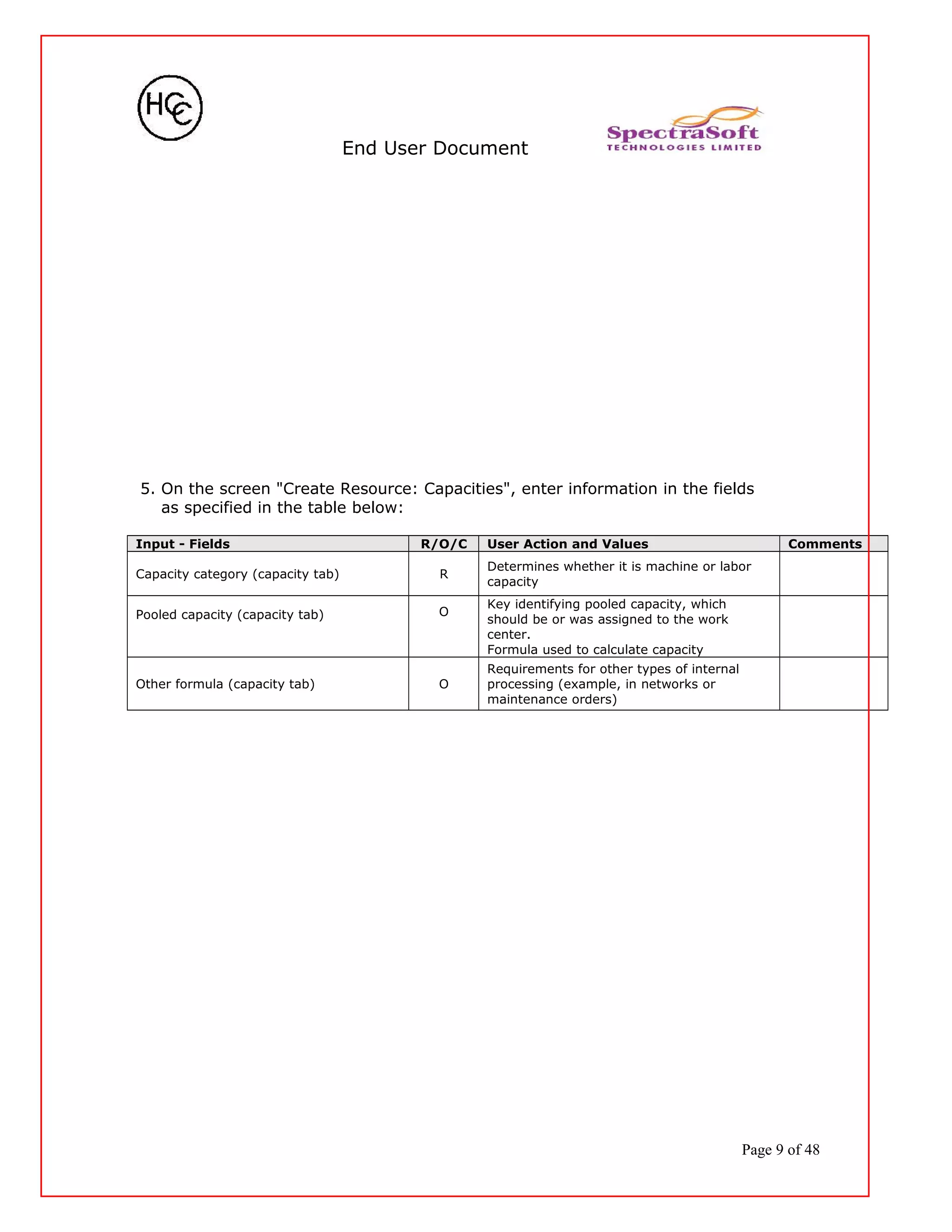 End User Document
5. On the screen "Create Resource: Capacities", enter information in the fields
as specified in the table below:
Input - Fields R/O/C User Action and Values Comments
Capacity category (capacity tab) R
Determines whether it is machine or labor
capacity
Pooled capacity (capacity tab) O
Key identifying pooled capacity, which
should be or was assigned to the work
center.
Formula used to calculate capacity
Other formula (capacity tab) O
Requirements for other types of internal
processing (example, in networks or
maintenance orders)
Page 9 of 48
 
