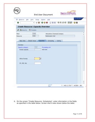 End User Document
6. On the screen "Create Resource: Scheduling", enter information in the fields
as specified in the table below. Screen shot is also shown below the table:
Page 11 of 48
 