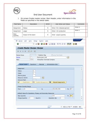 End User Document
2. On screen Create master recipe: Main Header, enter information in the
fields as specified in the below table:
Field Name Description R/O/C User Action and Values Comments
Assignment Status R Enter 4 for released general
Enter-4
Assignment usage R Enter 1 for production
Enter-1
Base
quantity
Output of the batch R Enter output quantity
Page 18 of 48
 