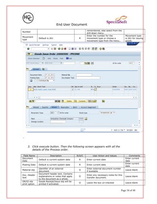 End User Document
Number
remembered, else select from the
drill down menu.
Movement
type
Default is 261 R
Enter the number for the
movement type or choose a
movement type from the menu..
Movement type
is 261 for issuing
goods.
.
3. Click execute button. Then the following screen appears with all the
details of the Process order.
Field Name Description R/O/C User Action and Values Comments
Document
Date
Default is current system date R Enter current date
Enter current
date
Posting Date Default is current system date R Enter current date
Enter current
date
Material slip
Identifier of an external
document
O
Enter external document number
if available
Leave blank
Doc. Header
text
Document header text. Contains
explanations or notes that apply
to the document as a whole.
O
Enter any necessary notes for this
transfer document.
Leave blank
GR/GI slip
print option
Goods Receipt/Issue slip will be
printed if activated.
O Leave the box un-checked Leave blank
Page 34 of 48
 