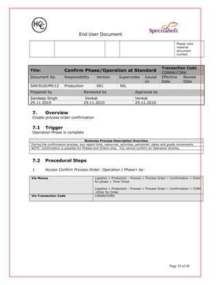 End User Document
Please note
material
document
number.
Title: Confirm Phase/Operation at Standard
Transaction Code
COR6N/CORK
Document No. Responsibility Version Supercedes Issued
on
Effective
Date
Review
Date
SAP/EUD/PP/12 Production 001 NIL
Prepared by Reviewed by Approved by
Sandeep Singh Venkat Venkat
29.11.2010 29.11.2010 29.11.2010
7. Overview
Create process order confirmation
7.1 Trigger
Operation Phase is complete
Business Process Description Overview
During the confirmation process, you report time, resources, activities, personnel, dates and goods movements.
NOTE: Confirmation is possible for Phases and Orders only. You cannot confirm an Operation directly.
7.2 Procedural Steps
1 Access Confirm Process Order: Operation / Phase> by:
Via Menus Logistics > Production - Process > Process Order > Confirmation > Enter
for phase > Time Ticket
Logistics > Production - Process > Process Order > Confirmation > CORK
–Enter for Order
Via Transaction Code COR6N/CORK
Page 36 of 48
 