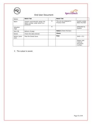 End User Document
Button Batch Tab Batch Tab
Batch System automatically assign the
batch number under which it is
produced
R The one we assigned in
Process Order
System assign
Batch Number
Valuation
Type
R Defaulted by
System
Item OK Bottom of page Select (Check the box)
Button Check the data entered Check
Button (save
icon)
Post the Goods Issue Post Shift + F11
Please note
material
document
number.
5 The output is saved.
Page 43 of 48
 