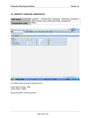 Production Planning User Manual Version 1.0
14 CAPACITY LEVELING (GRAPHICAL)
SAP menu Logistics ->Production->Capacity Planning->Leveling->
Work Center view->Planning Table- (Graphical)
Transaction code CM21
It is ditto same as that of Tabular form.
Enter Work Center- TJ01
Enter Plant- TSMU
Press the filter ( funnel) button.
Page 105 of 152
 