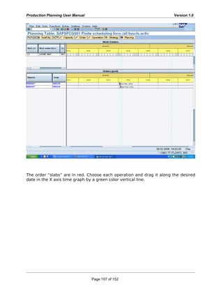Production Planning User Manual Version 1.0
The order “slabs” are in red. Choose each operation and drag it along the desired
date in the X axis time graph by a green color vertical line.
Page 107 of 152
 