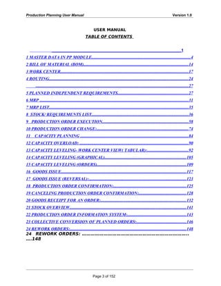 Production Planning User Manual Version 1.0
USER MANUAL
TABLE OF CONTENTS
___________________________________________________________1
1 MASTER DATA IN PP MODULE...........................................................................................4
2 BILL OF MATERIAL (BOM).................................................................................................14
3 WORK CENTER......................................................................................................................17
4 ROUTING................................................................................................................................24
.............................................................................................................................................27
5 PLANNED INDEPENDENT REQUIREMENTS.................................................................27
6 MRP .........................................................................................................................................31
7 MRP LIST................................................................................................................................35
8 STOCK/ REQUIREMENTS LIST.........................................................................................36
9 PRODUCTION ORDER EXECUTION...............................................................................58
10 PRODUCTION ORDER CHANGE:....................................................................................74
11 CAPACITY PLANNING ...................................................................................................84
12 CAPACITY OVERLOAD: ....................................................................................................90
13 CAPACITY LEVELING- WORK CENTER VIEW( TABULAR):......................................92
14 CAPACITY LEVELING (GRAPHICAL)...........................................................................105
15 CAPACITY LEVELING (ORDERS)..................................................................................109
16 GOODS ISSUE...................................................................................................................117
17 GOODS ISSUE (REVERSAL):..........................................................................................123
18 PRODUCTION ORDER CONFIRMATION:...................................................................125
19 CANCELING PRODUCTION ORDER CONFIRMATION:............................................128
20 GOODS RECEIPT FOR AN ORDER:...............................................................................132
21 STOCK OVERVIEW...........................................................................................................141
22 PRODUCTION ORDER INFORMATION SYSTEM:......................................................143
23 COLLECTIVE CONVERSION OF PLANNED ORDERS:..............................................146
24 REWORK ORDERS:...........................................................................................................148
24 REWORK ORDERS: ………………………………………………………………..
….148
Page 3 of 152
 