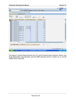 Production Planning User Manual Version 1.0
The above is Stock/ Requirements list of a semi-finished level material. Hence, one
finds Dependent requirements and the MRP element which it refers to i.e. all the
4000X level materials.
Page 38 of 152
 