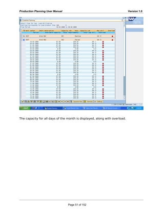 Production Planning User Manual Version 1.0
The capacity for all days of the month is displayed, along with overload.
Page 51 of 152
 