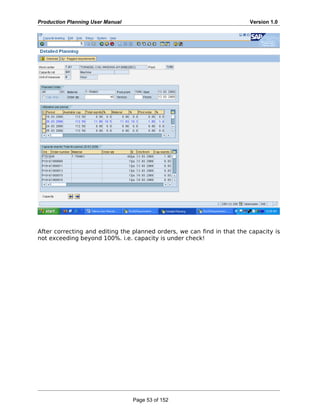 Production Planning User Manual Version 1.0
After correcting and editing the planned orders, we can find in that the capacity is
not exceeding beyond 100%. i.e. capacity is under check!
Page 53 of 152
 