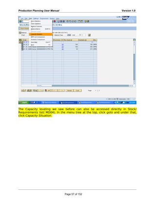 Production Planning User Manual Version 1.0
The Capacity leveling we saw before can also be accessed directly in Stock/
Requirements list( MD04). In the menu tree at the top, click goto and under that,
click Capacity Situation.
Page 57 of 152
 