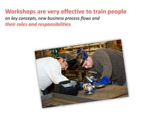 Workshops are very effective to train people
on key concepts, new business process flows and
their roles and responsibilit...